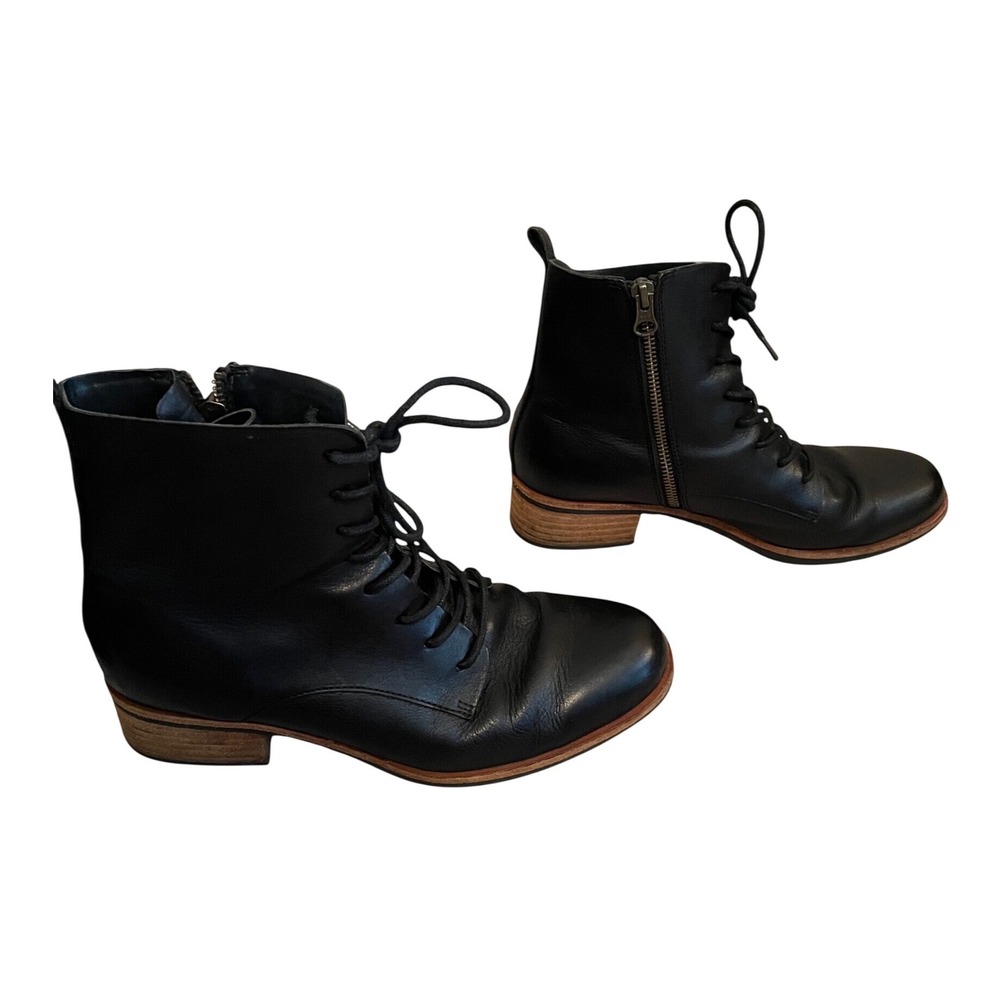 Kork-eaze Black Calista Leather Lace Up Ankle Combat Boots Zip Stacked Heel 8.5 - Picture 3 of 10